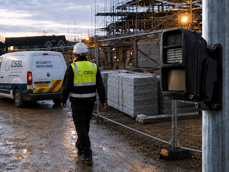 A CSSL security officer in a high-visibility vest and hard hat walking across a muddy construction site past a pole-mounted security sensor, with a security response van and scaffolding in the background.