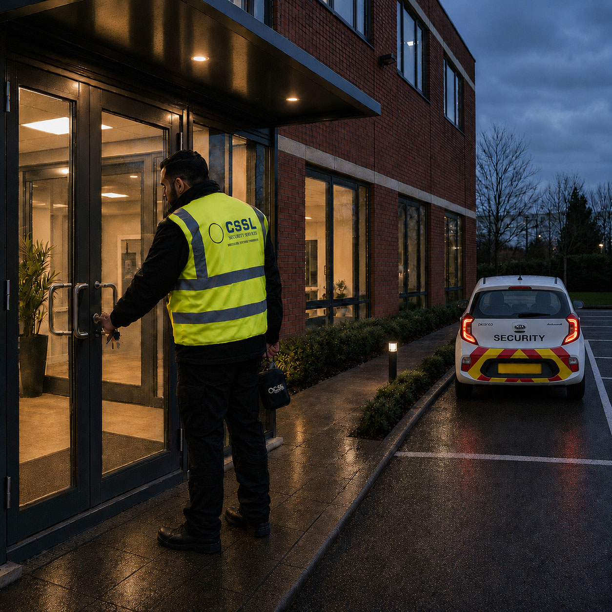 A security guard in a high-visibility CSSL vest opening the glass door of a brick office building at dusk, with a white security patrol car parked on the wet asphalt nearby.