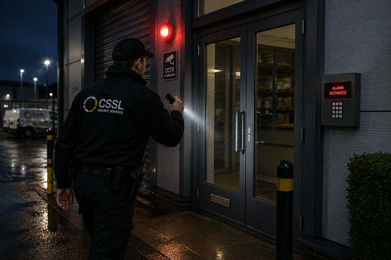 A male CSSL Security Services officer seen from behind during a night inspection, holding a flashlight aimed at a glass double door entrance. A illuminated red beacon light and an "ALARM ACTIVATED" keypad display are visible on the exterior wall.