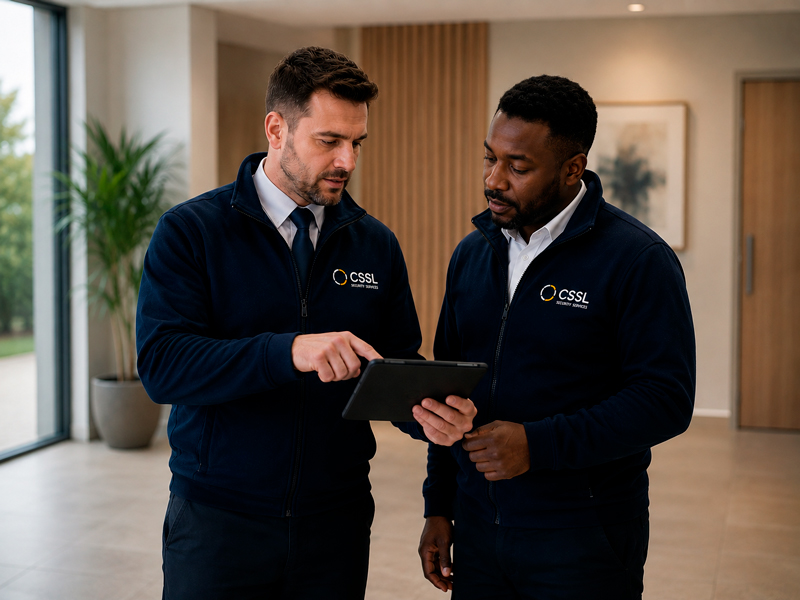 Two security officers wearing matching navy blue CSSL Security Services branded jackets review information on a handheld digital tablet in a brightly lit, modern office lobby with large glass windows and indoor plants.