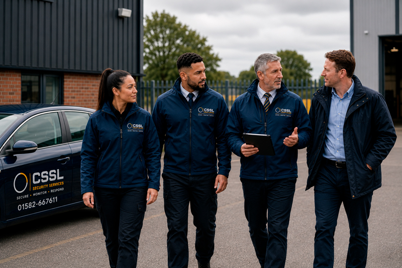 A diverse group of four security professionals in dark navy CSSL Security Services jackets walking side-by-side across a paved lot outside a modern commercial warehouse. One team member holds a tablet while conversing with the group, with a branded CSSL patrol vehicle parked in the background.