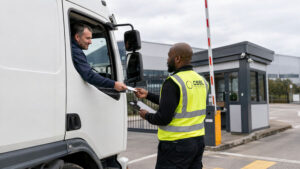 A CSSL security officer wearing a high-visibility vest and holding a tablet checks an ID card passed down by a truck driver at a gated facility entrance barrier.