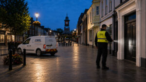 A CSSL security officer wearing a high-visibility vest inspects a storefront door with a flashlight on a paved town street at night, with a security response van parked nearby and a clock tower in the background.