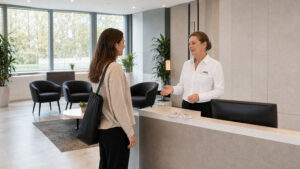 A female concierge in a white CSSL-branded shirt and black tie smiling and gesturing open-handed while assisting a visitor at a modern office reception desk.