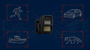 A graphic illustrating a central security camera connected by orange targeting lines to wireframe outlines of four detectable targets: a running hooded figure, a hatchback car, a boat, and a fox.