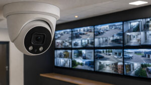 A close-up of a ceiling-mounted security dome camera with a video wall displaying multiple surveillance feeds in the background.